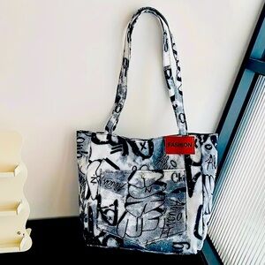 New - Unique - Retro Graffiti Print Shoulder Bag /Tote - White /Black /Gray